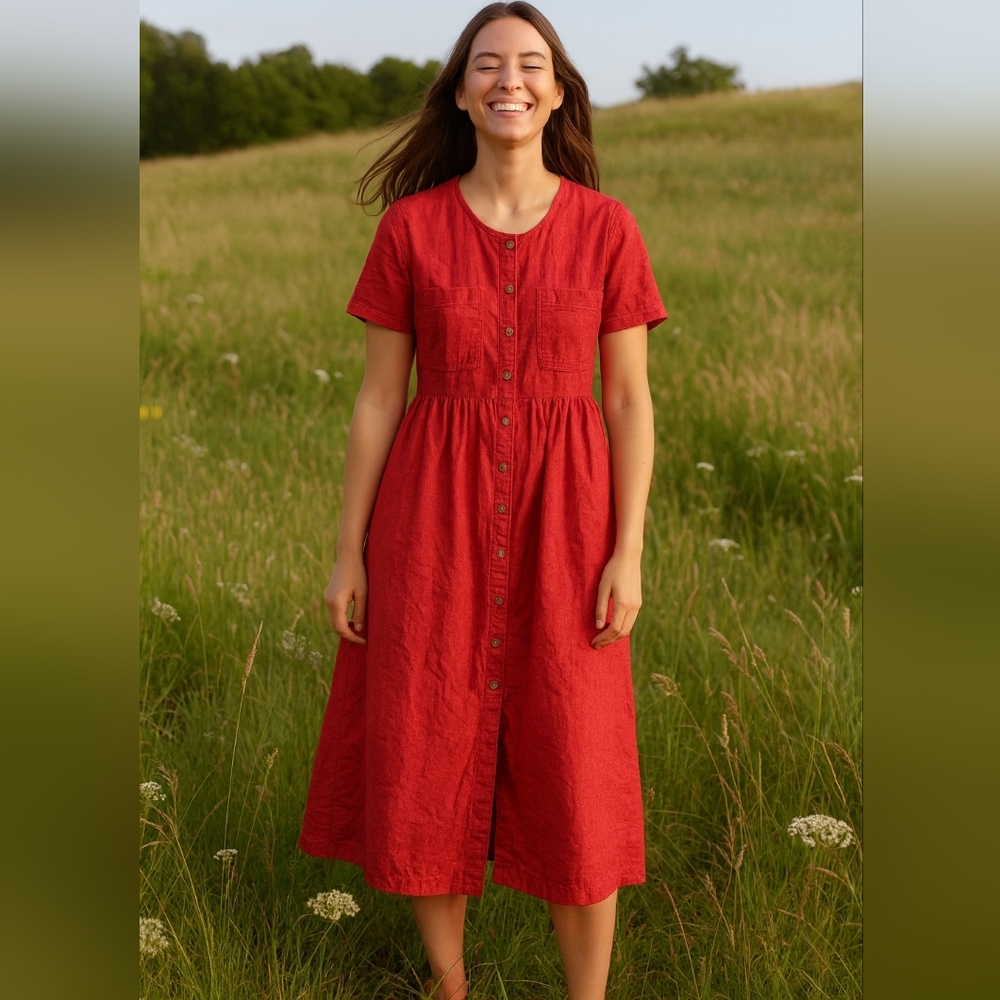 Vintage Moda Red Button Up‎ Cottagecore 90s Modest Midi Shirt Dress Size 8